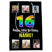 16誕生日：レインボー「16」、写真カスタムと名前 ミディアムペーパーバッグ (正面)
