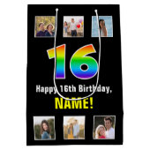 16誕生日：レインボー「16」、写真カスタムと名前 ミディアムペーパーバッグ (裏面)