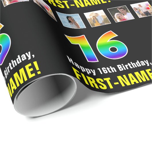 16誕生日:レインボー「16」、写真カスタムと名前 ラッピングペーパー (ロールコーナー)