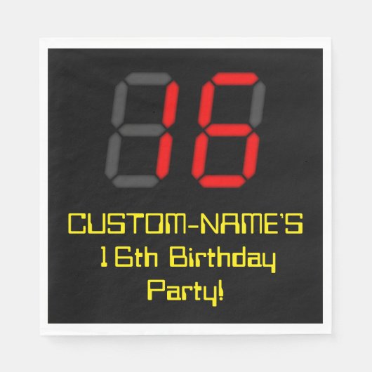 16誕生日：レッドデジタルクロックスタイル"16" +名前 スタンダードランチョンナプキン (正面)