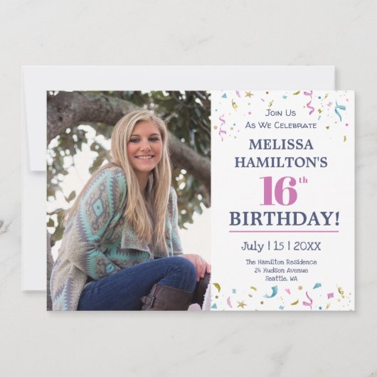 16誕生日 – 写真パーティー 招待状 (正面)