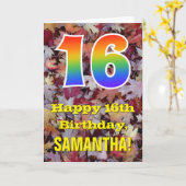 16誕生日、素朴紅葉、レインボー「16」 カード (黄色い花)