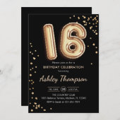 16誕生日-金ゴールドバルーン黒 招待状 (正面/裏面)