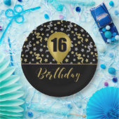 16金ゴールド誕生日バルーンオンブラック金ゴールド紙吹雪 ペーパープレート (パーティー)