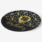 16金ゴールド誕生日バルーンオンブラック金ゴールド紙吹雪 ペーパープレート (アングル)