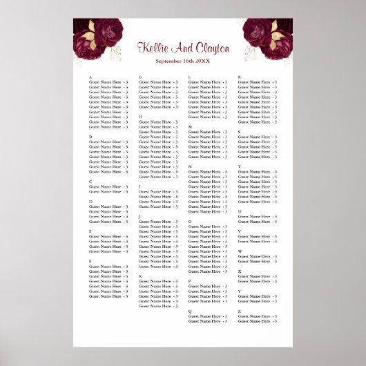 160ブルゴーニュと金ゴールドのフローラ結婚の座席表 ポスター (正面)