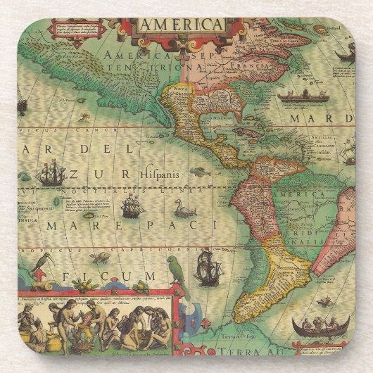 1606年製のアメリカ大陸の古風な世界地図 コースター (正面)