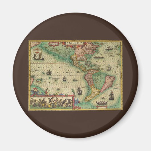 1606年製アメリカ大陸の古風な世界地図 マグネット (正面)