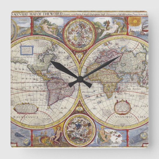 1626ヴィンテージ世界地図 スクエア壁時計 (正面)