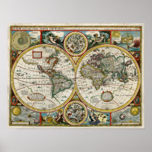 1627年のヴィンテージの世界地図 ポスター