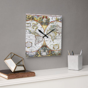 1630年のヘンドリック・ホンディウスによるアンティークオールドワールドマップ スクエア壁時計