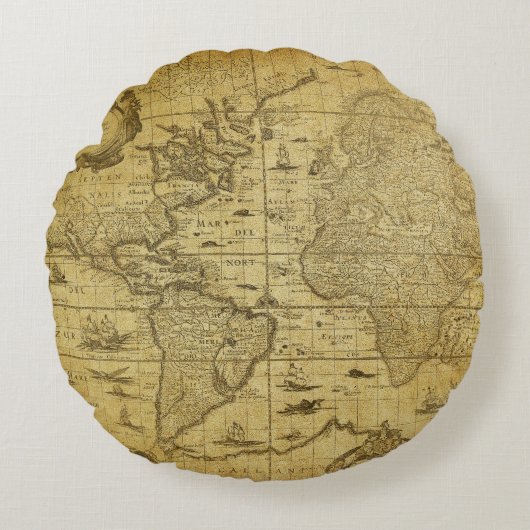 1635年のヴィンテージ地図 ラウンドクッション (正面)