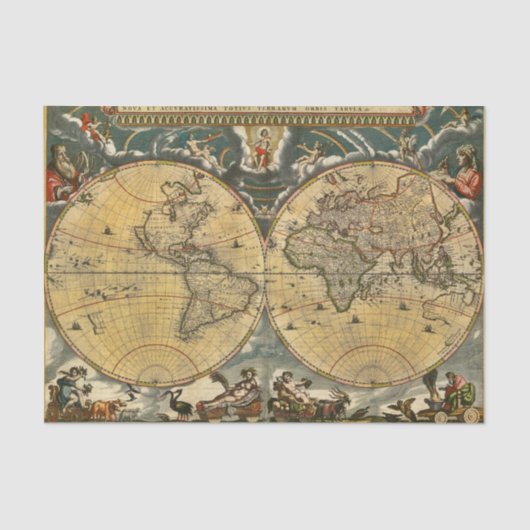 1664年 J. ブレウ 世界地図 アンティーク 薄葉紙 (正面)