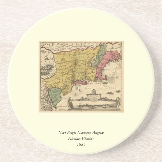 1685の地図 – ニューベルギー、ニューワールド、ニューイングランド コースター (正面)