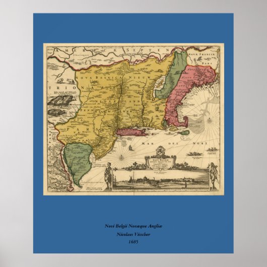 1685の地図 – ニューベルギー、ニューワールド、ニューイングランド ポスター (正面)