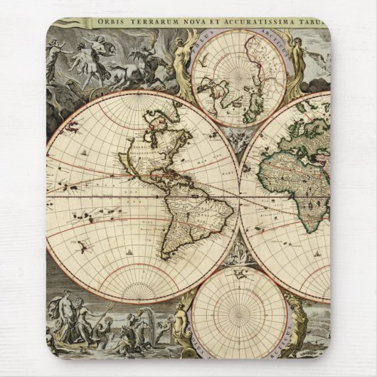 1690年頃Nicolao Visscher著旧式な世界地図、 マウスパッド (正面)