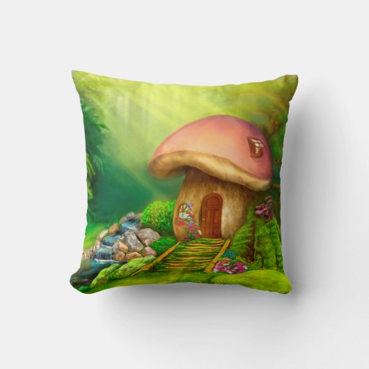 16"をx 16"ファンタジーのきのこの家置いて下さい クッション (正面)