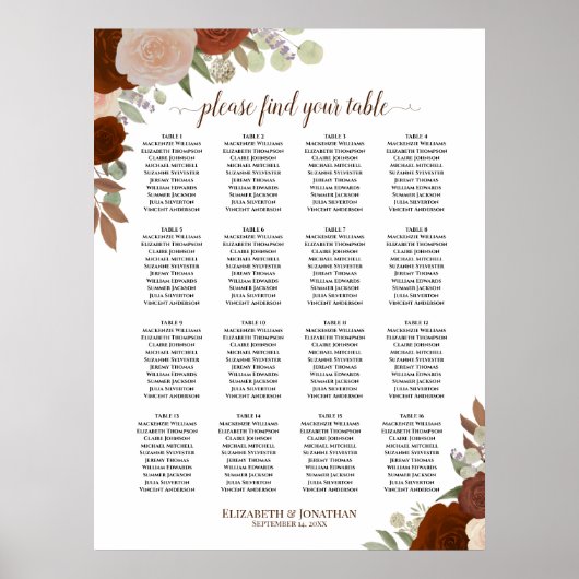 16 Table Autumn Floral Boho Wedding Seating Chart ポスター (正面)