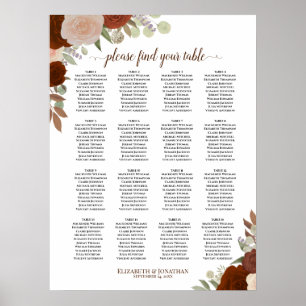 16 Table Autumn Floral Boho Wedding Seating Chart ポスター