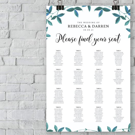 16 Table Green Leaves Wedding Seating Chart ポスター