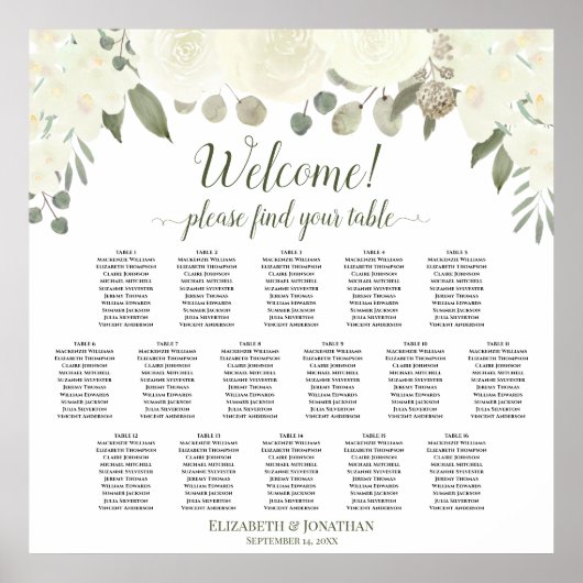 16 Table Ivory White Roses Wedding Seating Chart ポスター (正面)
