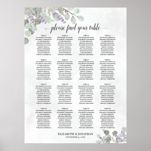 16 Table Wedding Seating Chart Eucalyptus Lavender ポスター (正面)