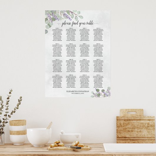 16 Table Wedding Seating Chart Eucalyptus Lavender ポスター (キッチン)