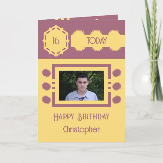 16 today写真名を追加する黄色の紫の誕生日 カード (正面)