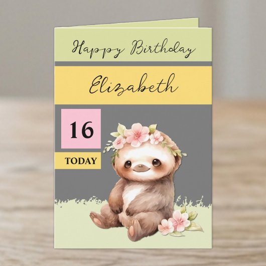 16 today sloth名前を追加グレーピンク誕生日 カード