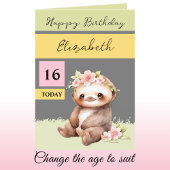 16 today sloth名前を追加グレーピンク誕生日 カード