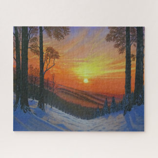 16"x20" パズル - "雪に覆われた森の上の日没"