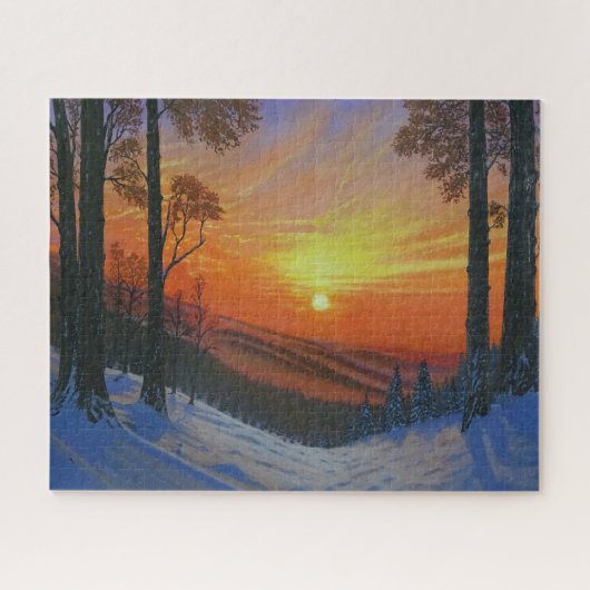 16"x20" パズル - "雪に覆われた森の上の日没" (横)