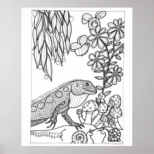 16"x 20" トカゲと花のぬりえ ポスター (正面)