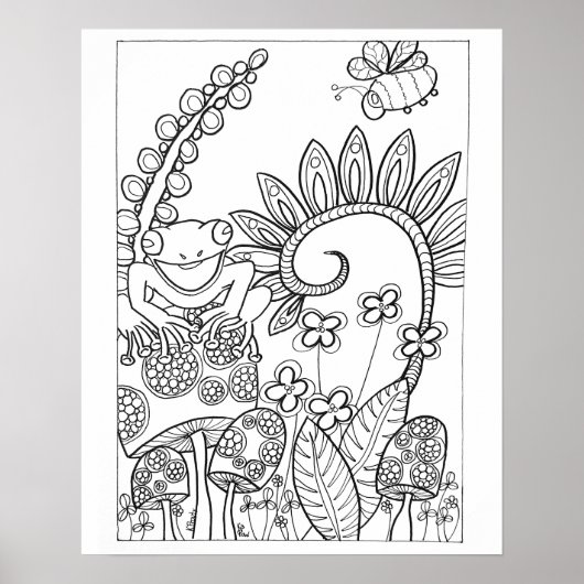 16"x 20"小さなカエルとファンタジー花 ポスター (正面)