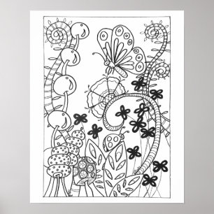 16 x 20"蝶とファンタジー花の着色 ポスター