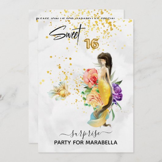 *~* 16SWEET SIXTEEN金ゴールドフローラマーメイド誕生日 招待状 (正面/裏面)