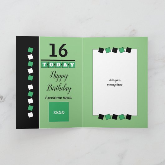 16thまだ驚くべき緑と黒の誕生日の写真 カード (内部)