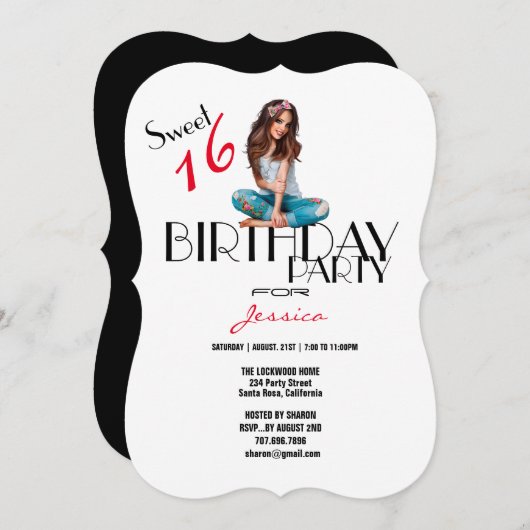 16thバースデーパーティーかわいい女の子の10代の若者シルエット 招待状 (正面/裏面)