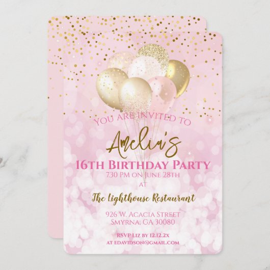 16thバースデーパーティーグラマラスなピンク 招待状 (正面/裏面)