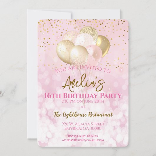 16thバースデーパーティーグラマラスなピンク 招待状 (正面)