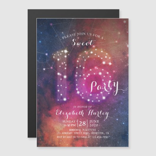 16thバースデーパーティーシック銀河系スターコンステレーション マグネット招待状 (正面/裏面)