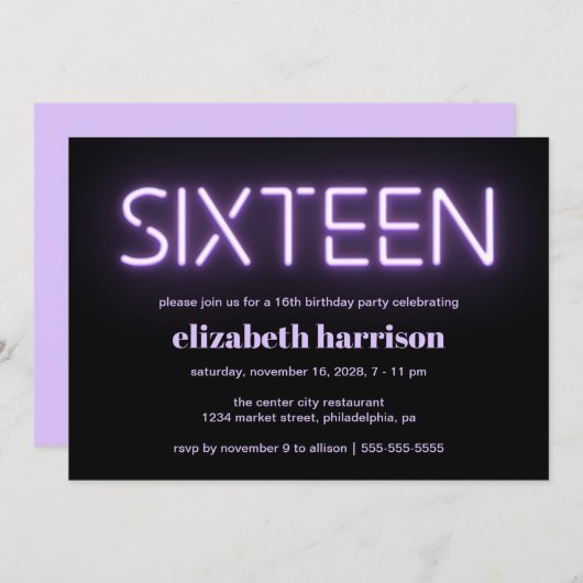 16thバースデーパーティーパープルネオンライト招待状 招待状 (正面/裏面)