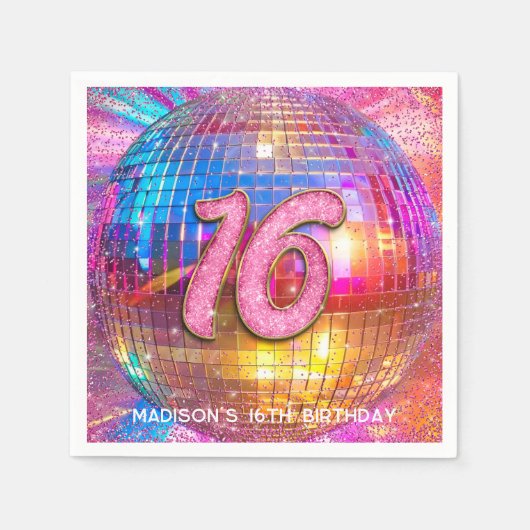 16thバースデーパーティー金ゴールドピンクグリッターディスコボール スタンダードカクテルナプキン (正面)