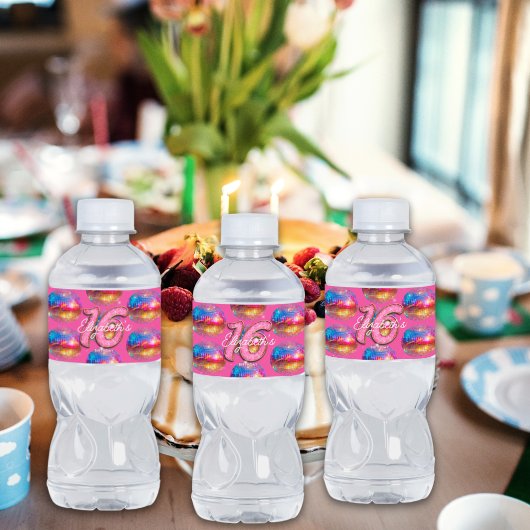 16thバースデーパーティー金ゴールドピンクグリッターディスコボール ペットボトルラベル