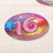 16thバースデーパーティー金ゴールドピンクグリッターディスコボール ラウンドペーパーコースター (アングル)
