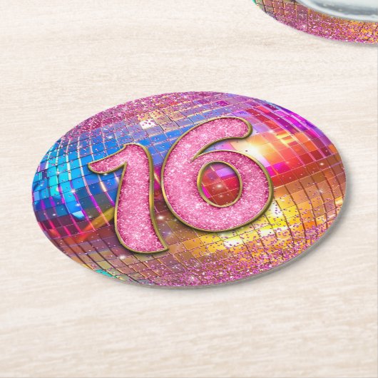16thバースデーパーティー金ゴールドピンクグリッターディスコボール ラウンドペーパーコースター (アングル)