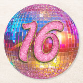 16thバースデーパーティー金ゴールドピンクグリッターディスコボール ラウンドペーパーコースター (正面)