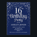 16thバースデーパーティー – ネイビー&シルバー 招待状<br><div class="desc">16th Birthday Party Invitation（誕生日パーティーの招待状）ダークネイビーエレガントブルーとグリッターシルバーのフェイクデザイン。スクリプトスタイリッシュのフォントと紙吹雪の機能。メッセージもしメッセージはカスタム年齢。</div>