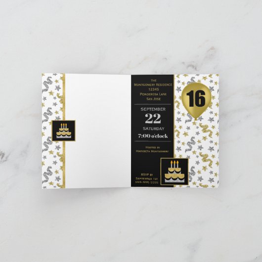 16th男の子または女の子の黒と金ゴールドのバースデーパーティー 招待状 (内部)