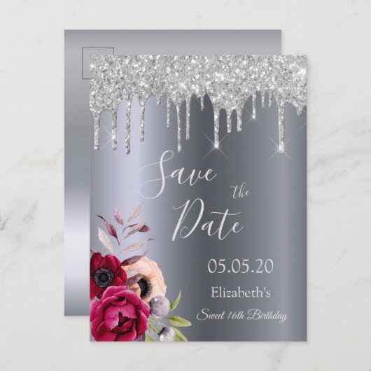 16th誕生日シルバーグリッタードリップ日付を保存 ポストカード (正面/裏面)